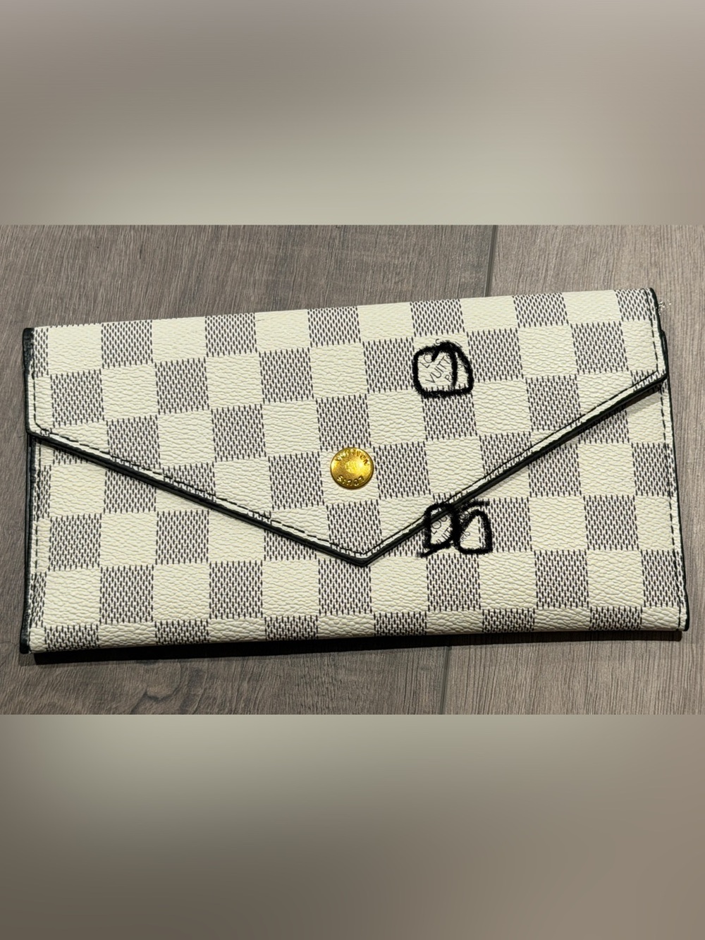 White Checkered Envelope Wallet with Gold Button